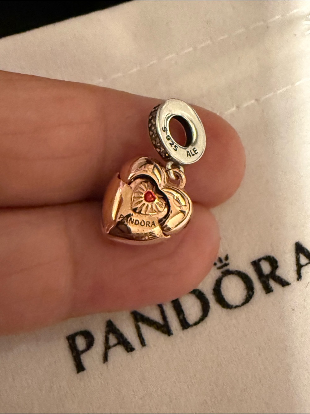 Pandora Rose Gold Heart Dangle Charm with Red Accent - Picture 5 of 7